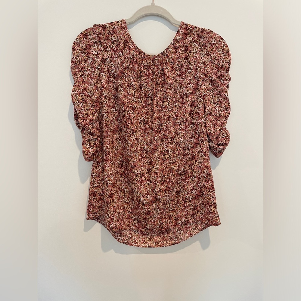Max Studio Ruffled Blouse with Puff Sleeves in Red and Pink